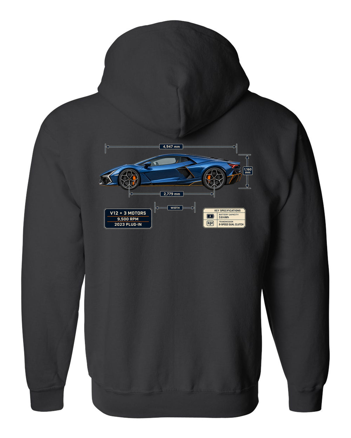 Dimension blueprint print of the Lamborghini Revuelto black zip hoodie back view with the design