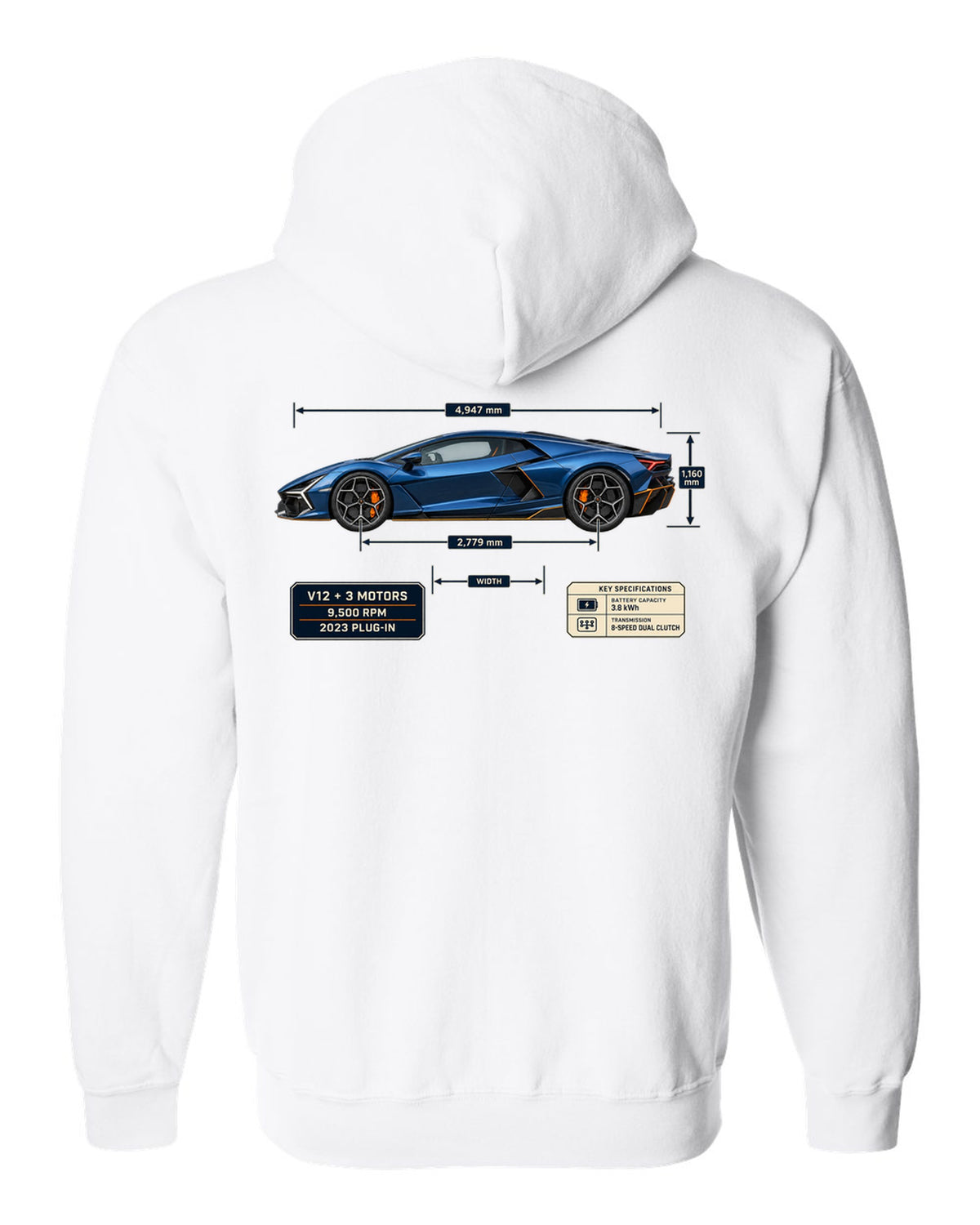 Dimension blueprint print of the Lamborghini Revuelto white zip hoodie back view with the design