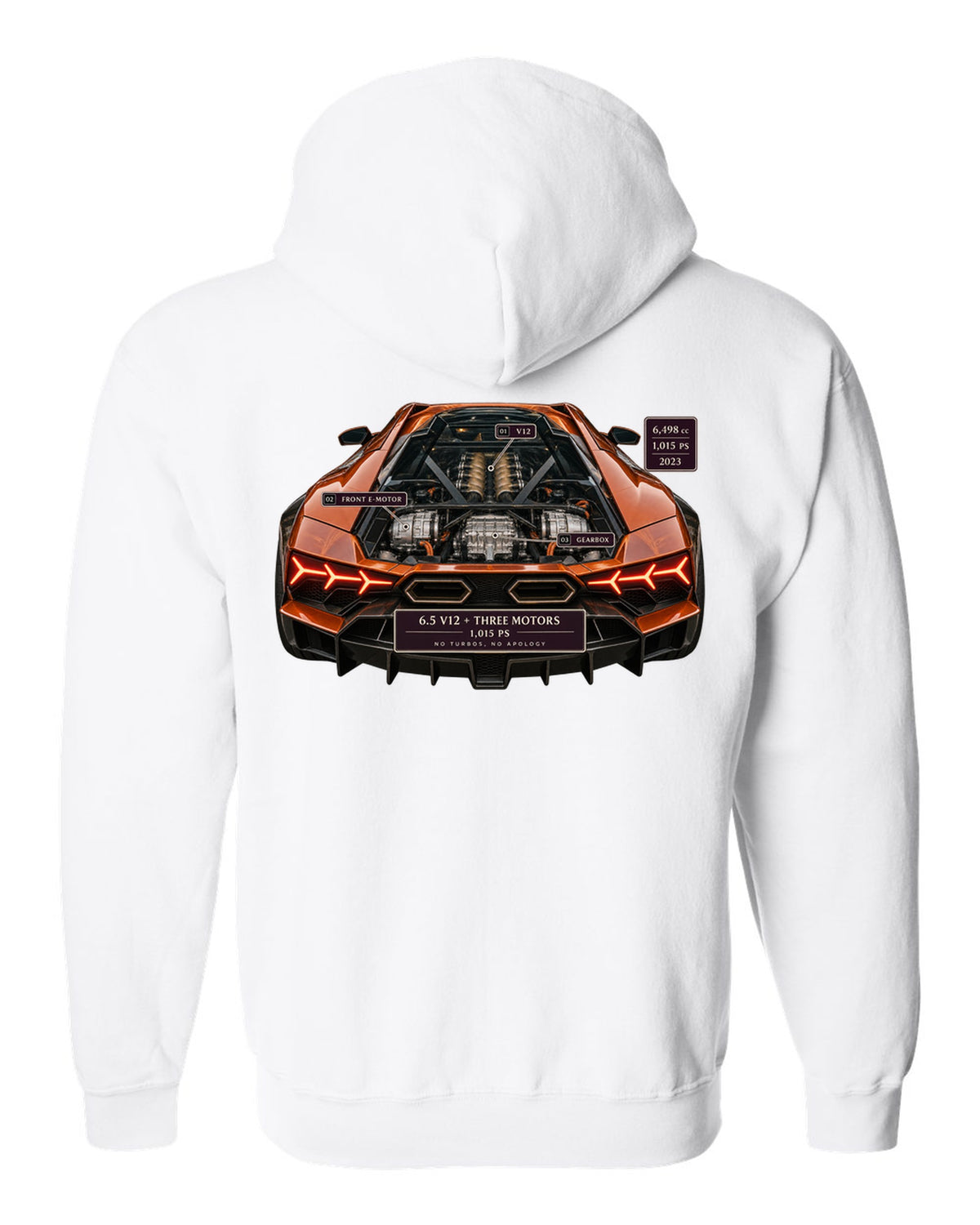 Engine hero print of a burnt orange Lamborghini Revuelto V12 white zip hoodie back view with the design