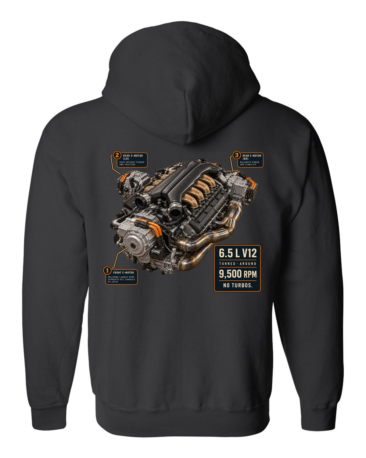 Engine hero print of the Lamborghini Revuelto L545 V12 black zip hoodie back view with the design