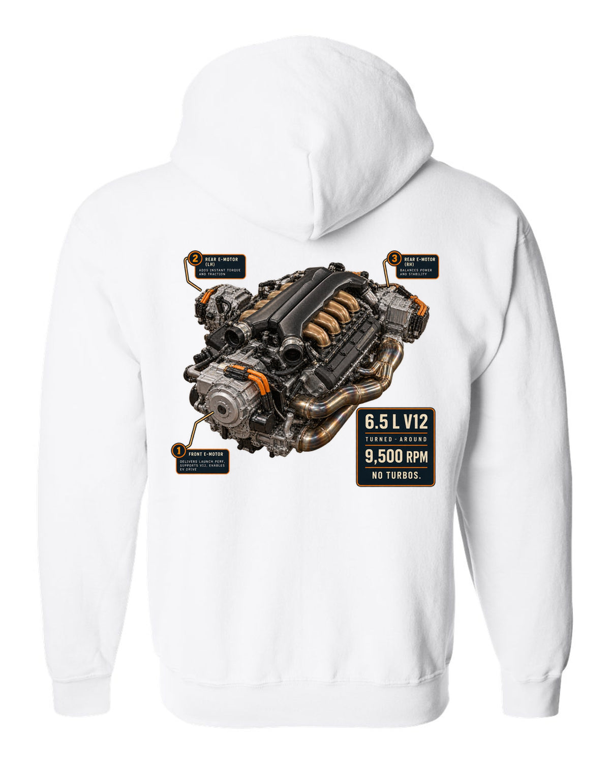 Engine hero print of the Lamborghini Revuelto L545 V12 white zip hoodie back view with the design