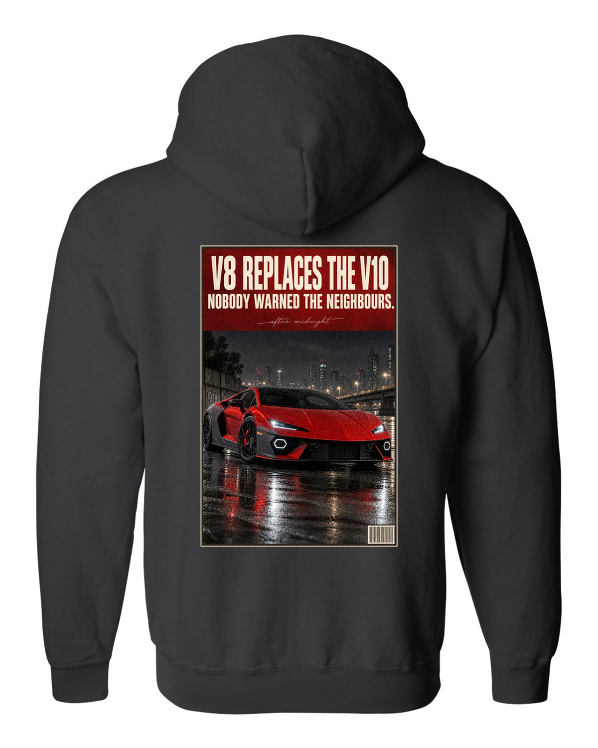Night street print of the Lamborghini Temerario black zip hoodie back view with the design