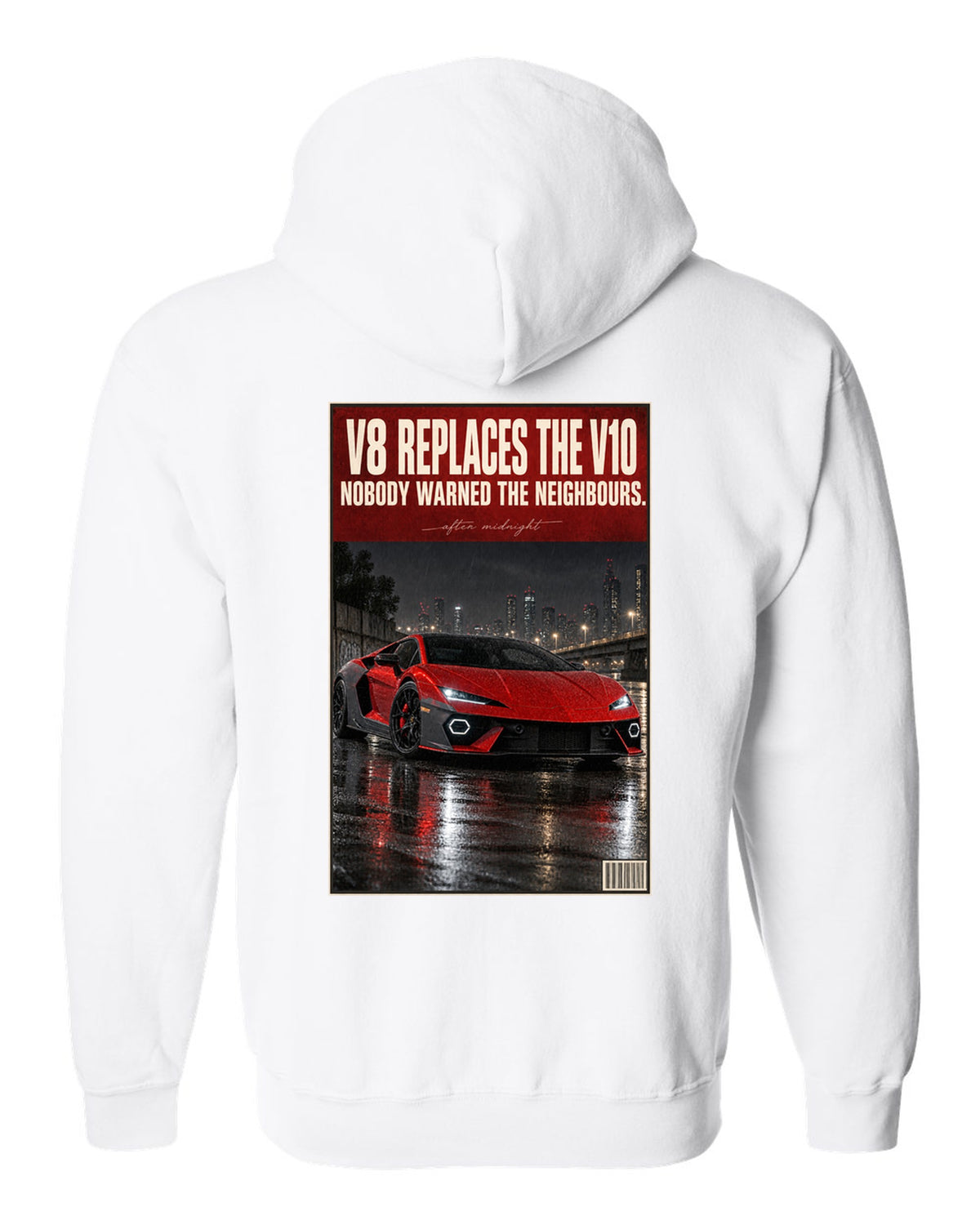 Night street print of the Lamborghini Temerario white zip hoodie back view with the design