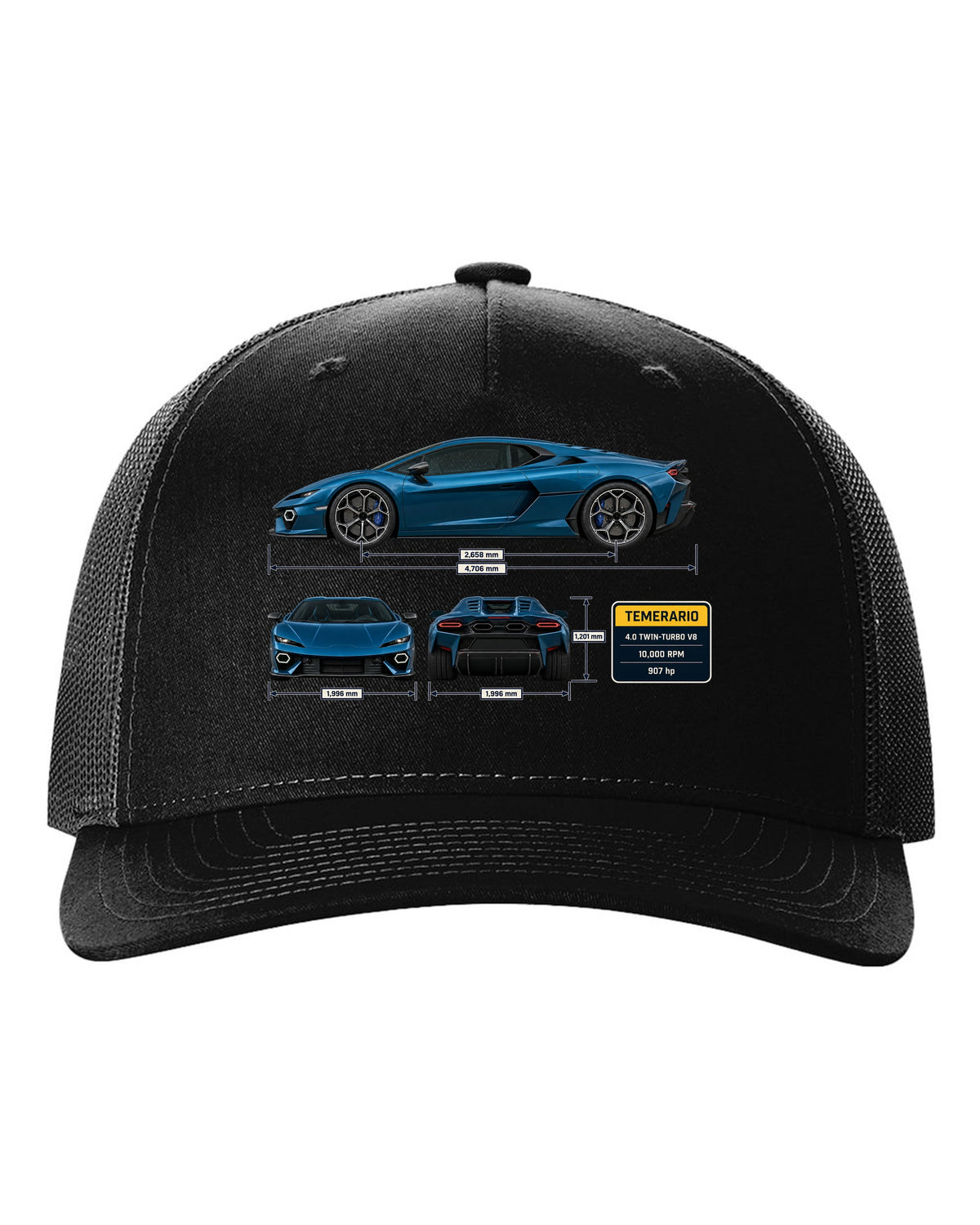 Three-view spec print of the Lamborghini Temerario black hat front view with the design