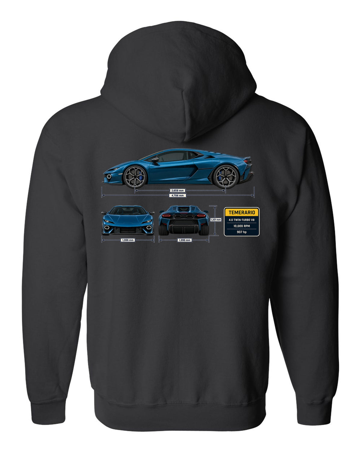 Three-view spec print of the Lamborghini Temerario black zip hoodie back view with the design