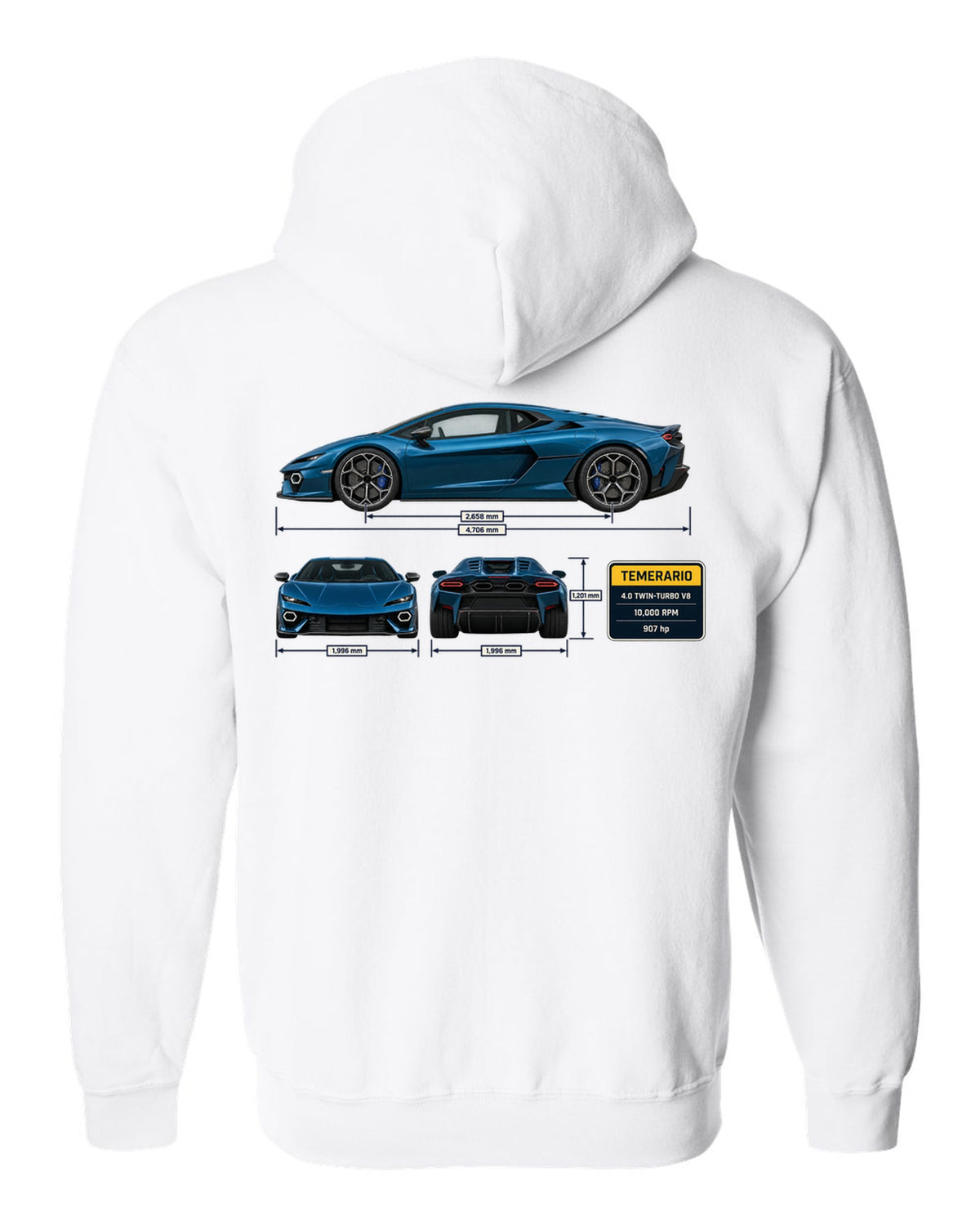 Three-view spec print of the Lamborghini Temerario white zip hoodie back view with the design