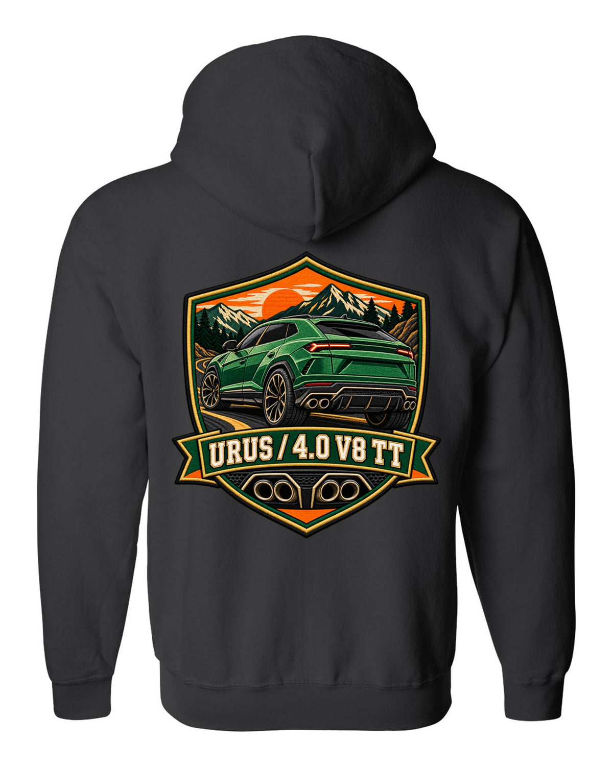 Embroidery-style shield crest of a Lamborghini Urus with 4.0 V8 TT text black zip hoodie back view with the design