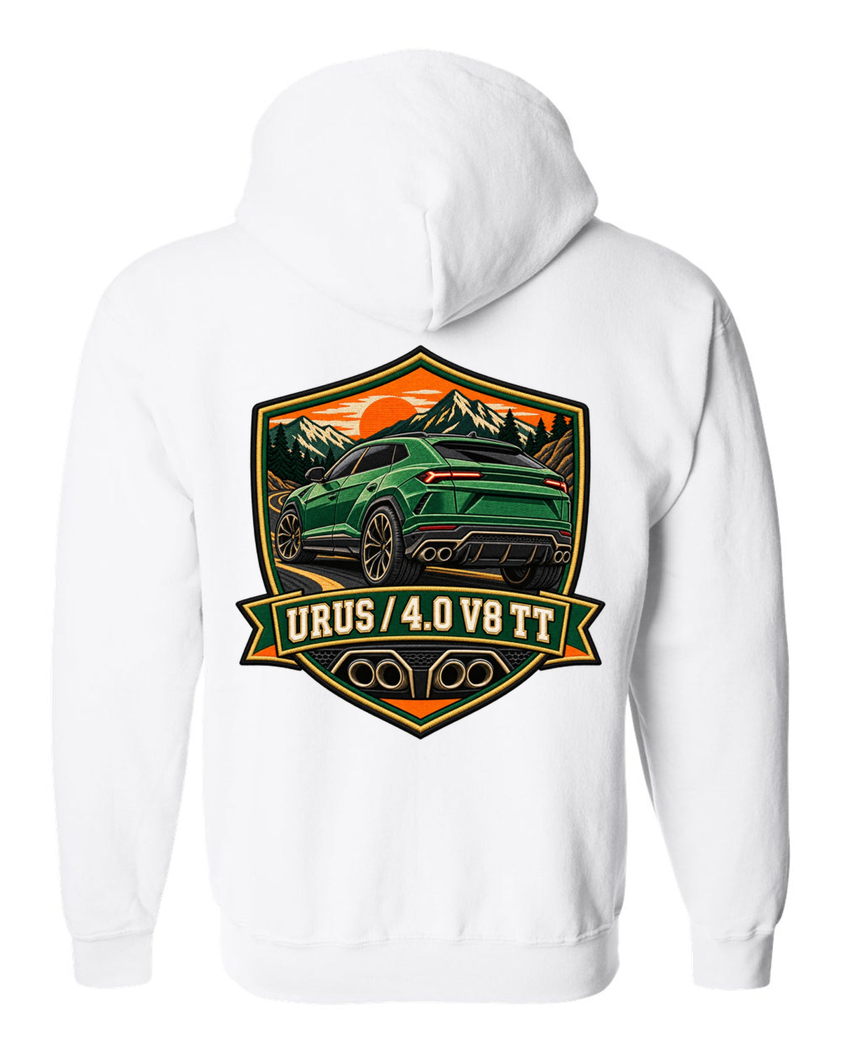 Embroidery-style shield crest of a Lamborghini Urus with 4.0 V8 TT text white zip hoodie back view with the design