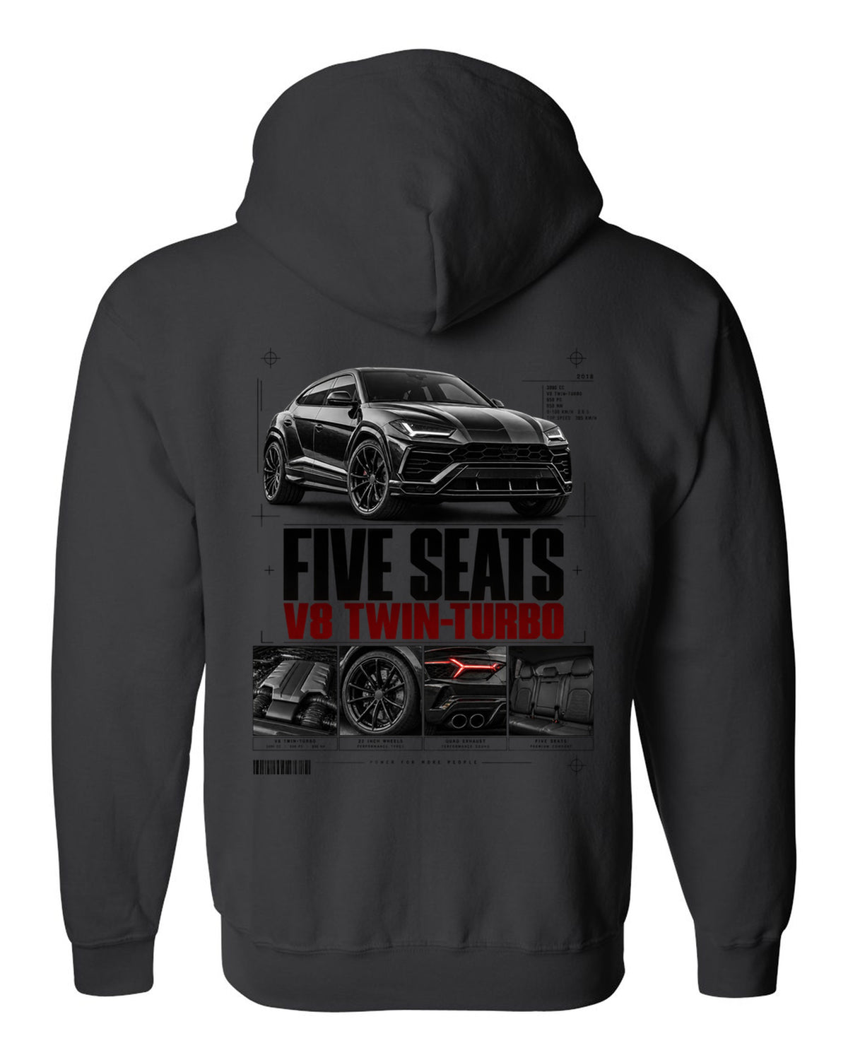Lamborghini Urus 2018 dossier panel print: five seats, V8 twin-turbo black zip hoodie back view with the design