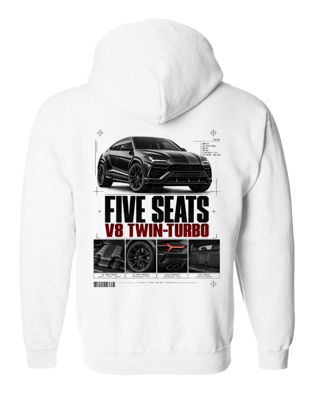 Lamborghini Urus 2018 dossier panel print: five seats, V8 twin-turbo white zip hoodie back view with the design
