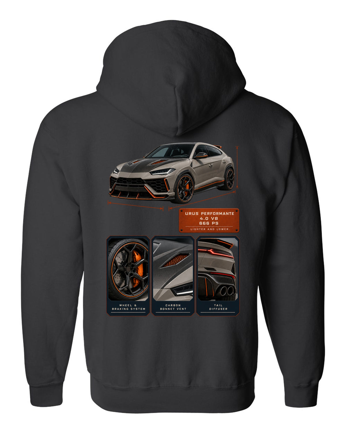 Dossier panel print of the Lamborghini Urus Performante black zip hoodie back view with the design