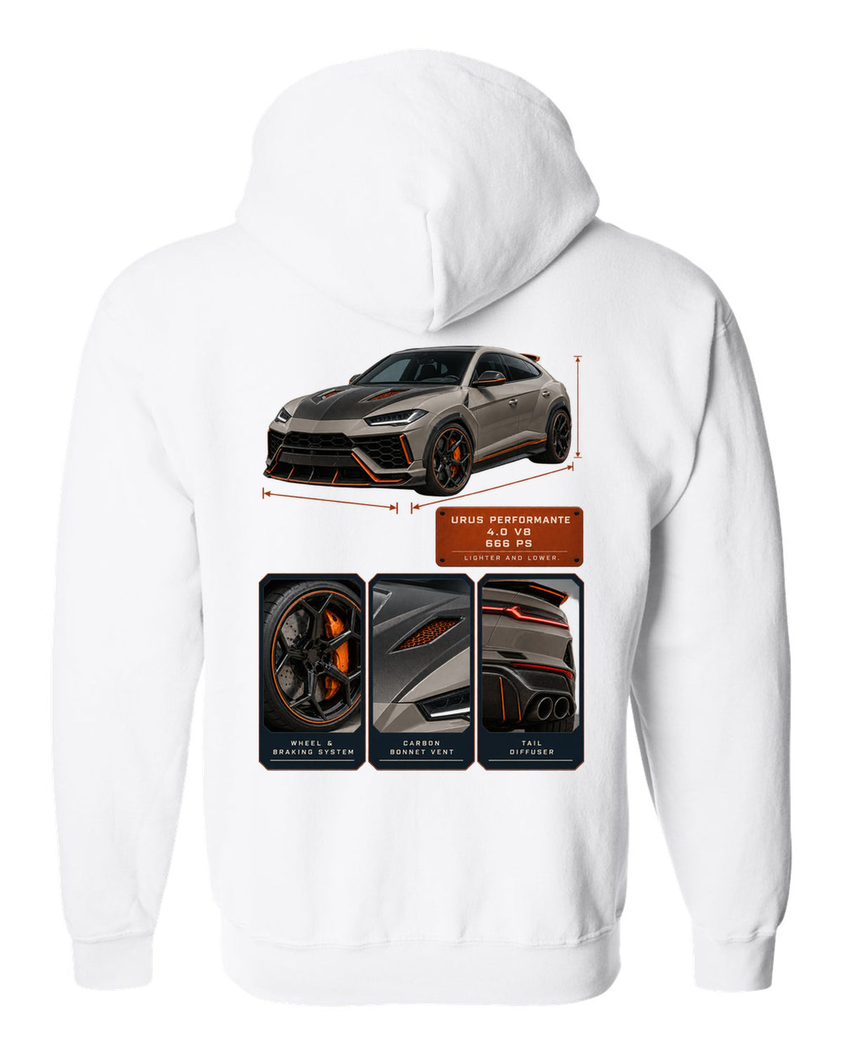 Dossier panel print of the Lamborghini Urus Performante white zip hoodie back view with the design