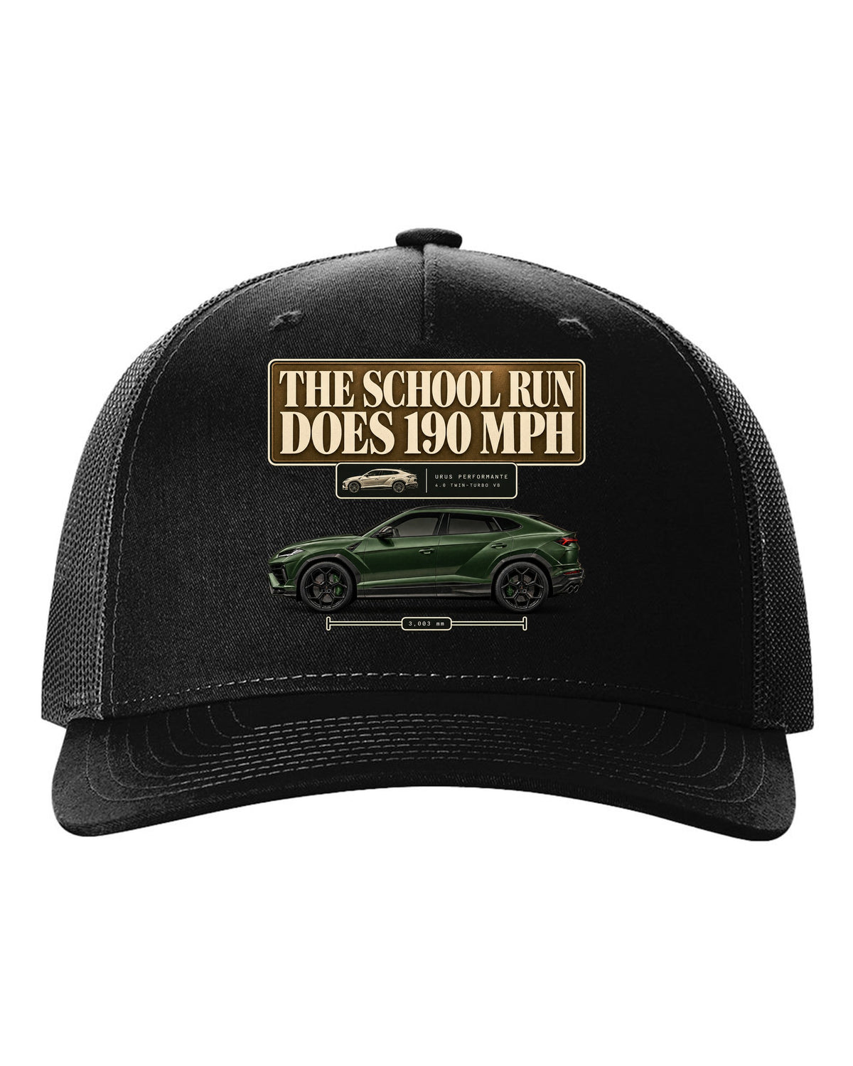 Lamborghini Urus Performante editorial headline print reading the school run does 190 mph black hat front view with the design