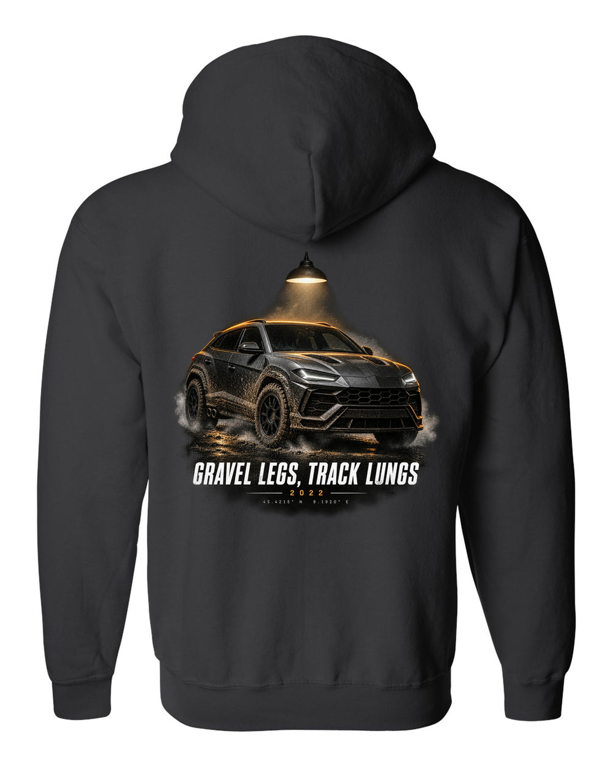 Lamborghini Urus Performante 2022 garage night print, gravel legs track lungs black zip hoodie back view with the design