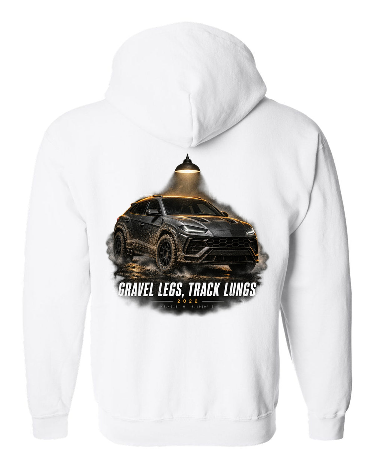Lamborghini Urus Performante 2022 garage night print, gravel legs track lungs white zip hoodie back view with the design