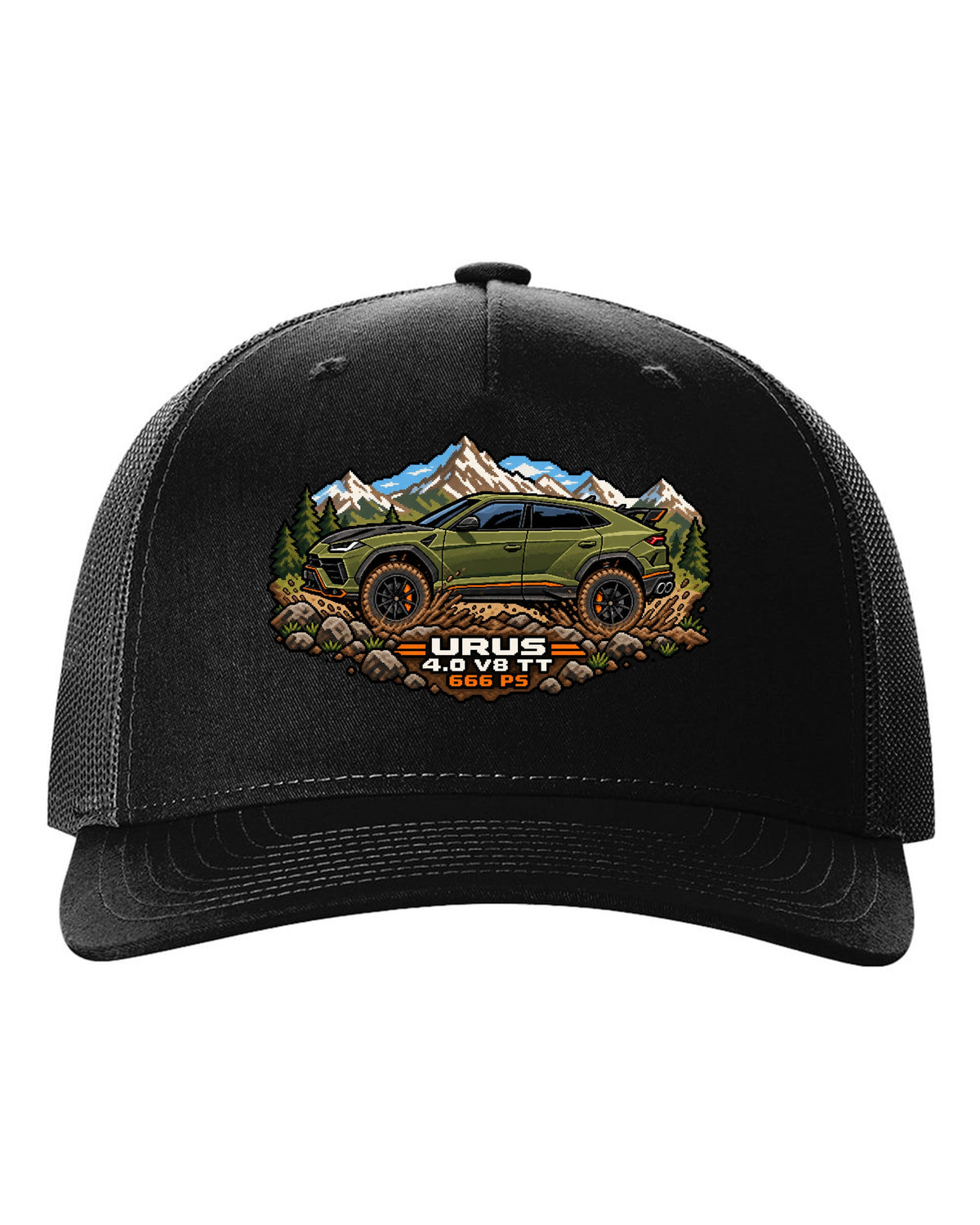 16-bit pixel art Lamborghini Urus Performante climbing a muddy hill with text URUS / 4.0 V8 TT / 666 PS black hat front view with the design