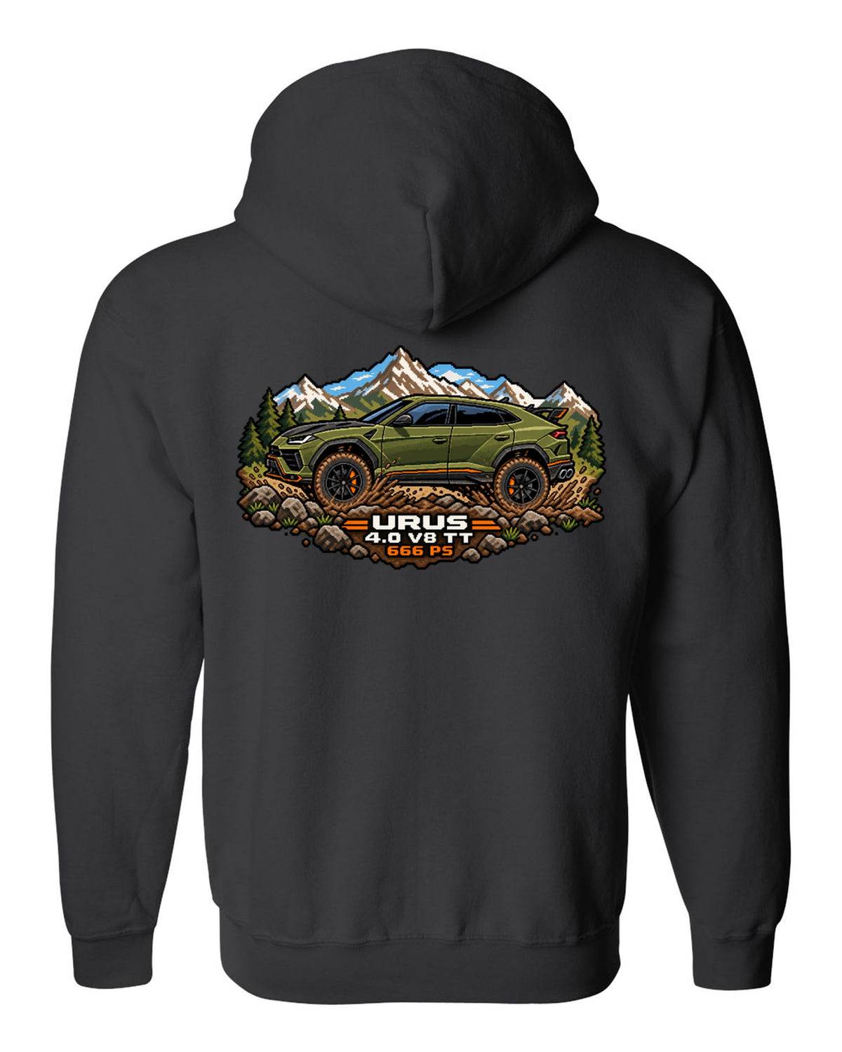 16-bit pixel art Lamborghini Urus Performante climbing a muddy hill with text URUS / 4.0 V8 TT / 666 PS black zip hoodie back view with the design