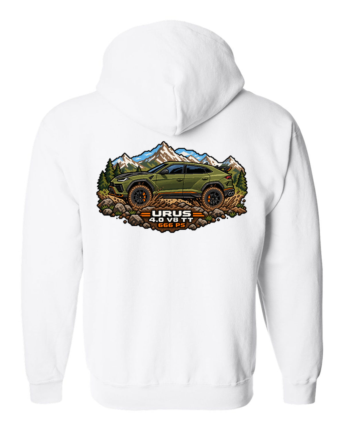 16-bit pixel art Lamborghini Urus Performante climbing a muddy hill with text URUS / 4.0 V8 TT / 666 PS white zip hoodie back view with the design
