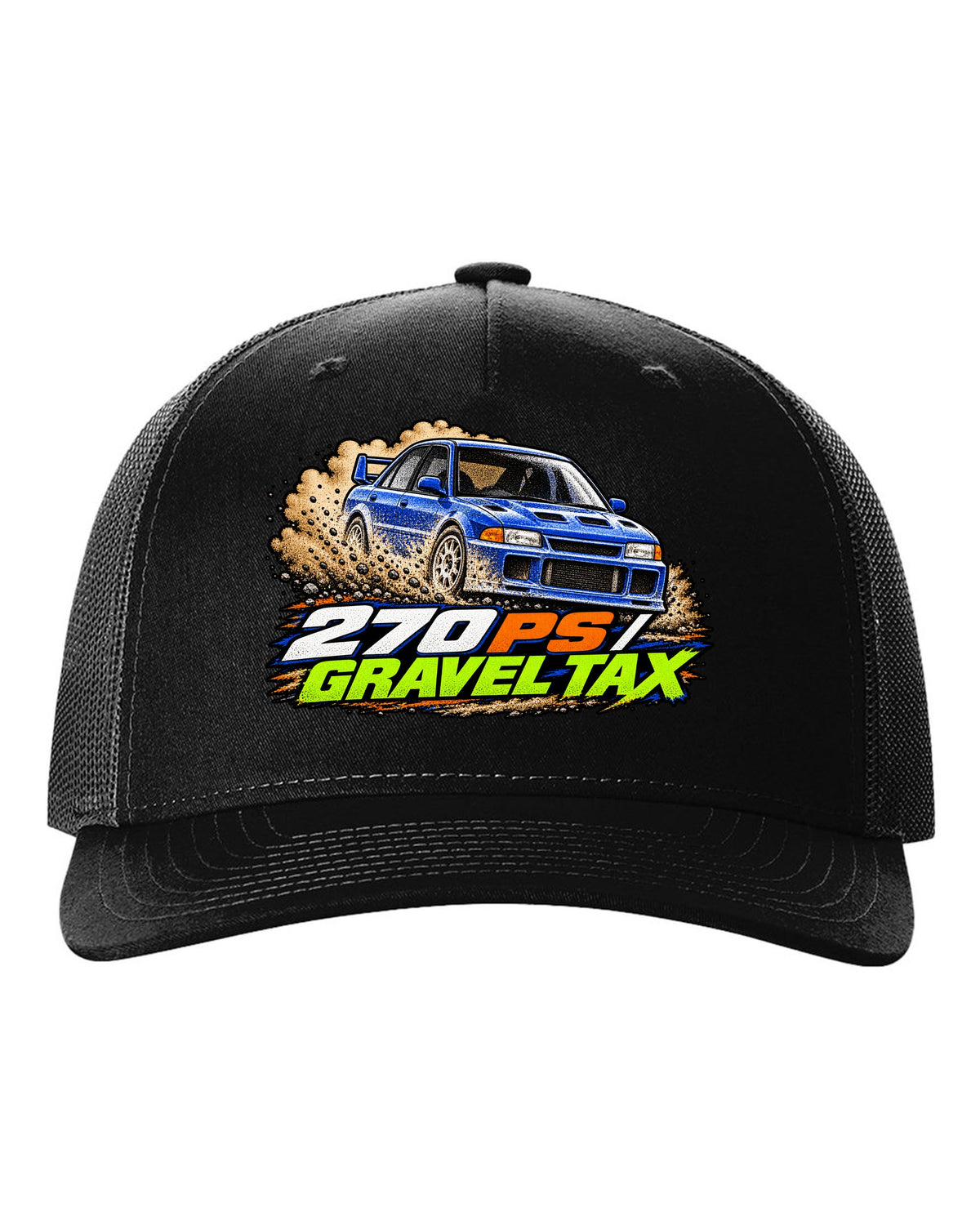 Mitsubishi Lancer Evolution III CE9A in grainy 90s rally magazine halftone, 270 PS / GRAVEL TAX black hat front view with the design
