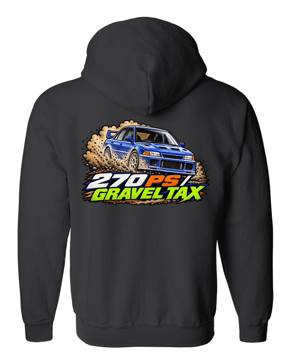 Mitsubishi Lancer Evolution III CE9A in grainy 90s rally magazine halftone, 270 PS / GRAVEL TAX black zip hoodie back view with the design