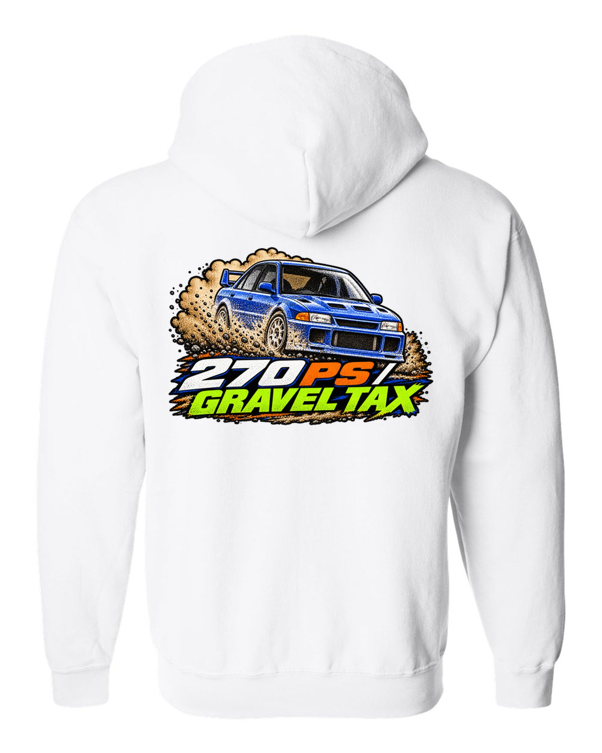 Mitsubishi Lancer Evolution III CE9A in grainy 90s rally magazine halftone, 270 PS / GRAVEL TAX white zip hoodie back view with the design