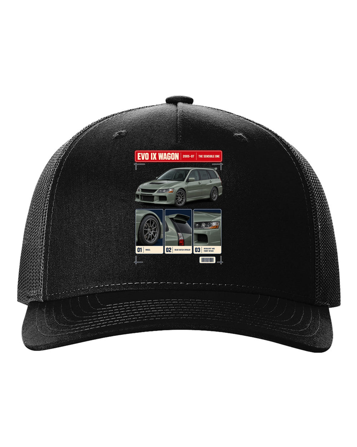 Mitsubishi Lancer Evolution IX Wagon GT three-quarter dossier panel print black hat front view with the design