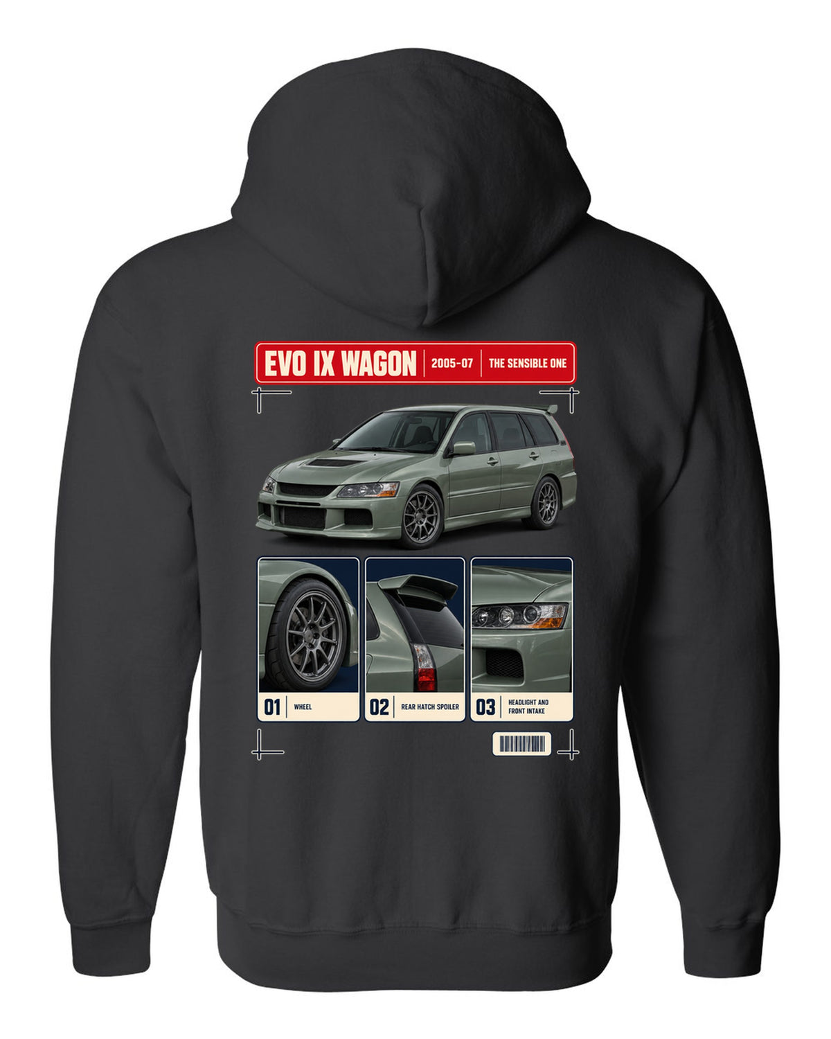 Mitsubishi Lancer Evolution IX Wagon GT three-quarter dossier panel print black zip hoodie back view with the design