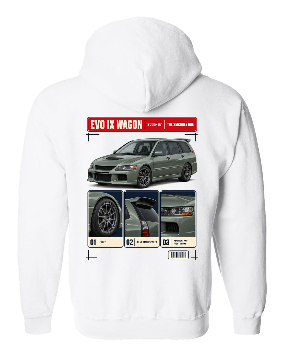 Mitsubishi Lancer Evolution IX Wagon GT three-quarter dossier panel print white zip hoodie back view with the design