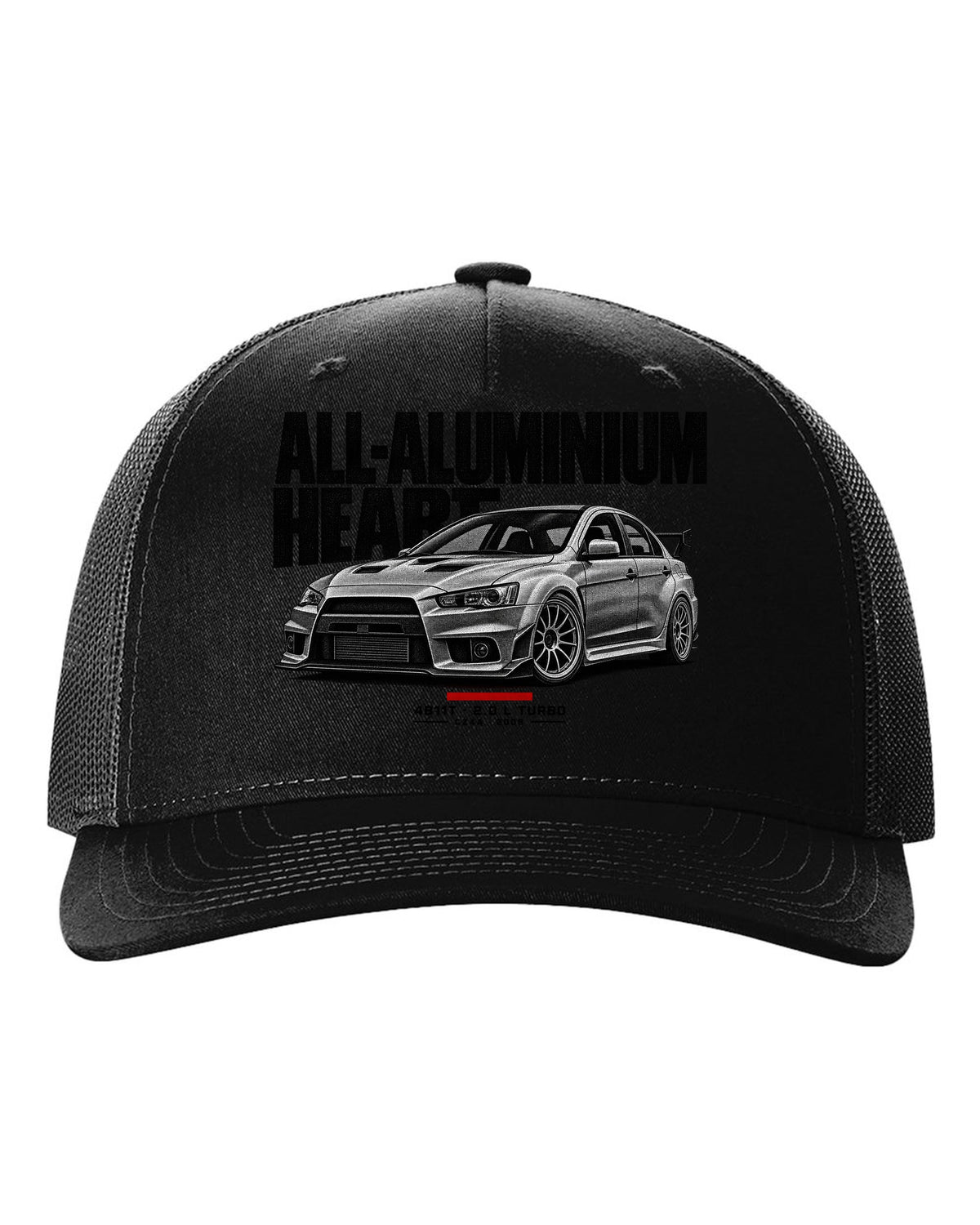 Halftone Mitsubishi Lancer Evolution X CZ4A with all-aluminium 4B11T text black hat front view with the design