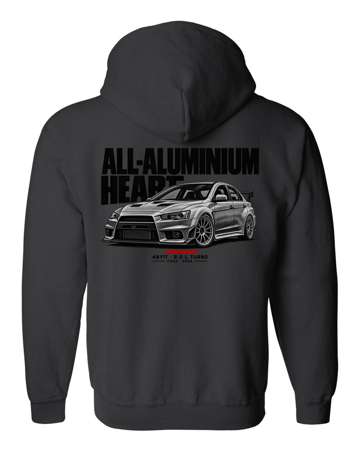 Halftone Mitsubishi Lancer Evolution X CZ4A with all-aluminium 4B11T text black zip hoodie back view with the design