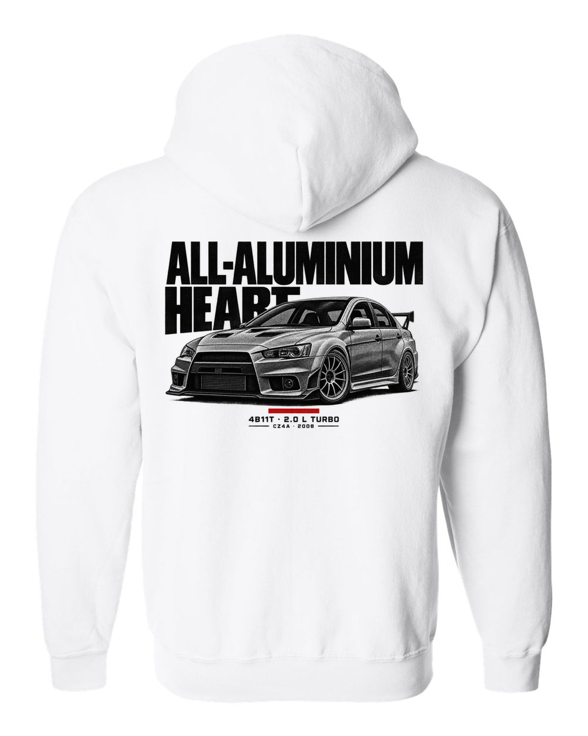 Halftone Mitsubishi Lancer Evolution X CZ4A with all-aluminium 4B11T text white zip hoodie back view with the design