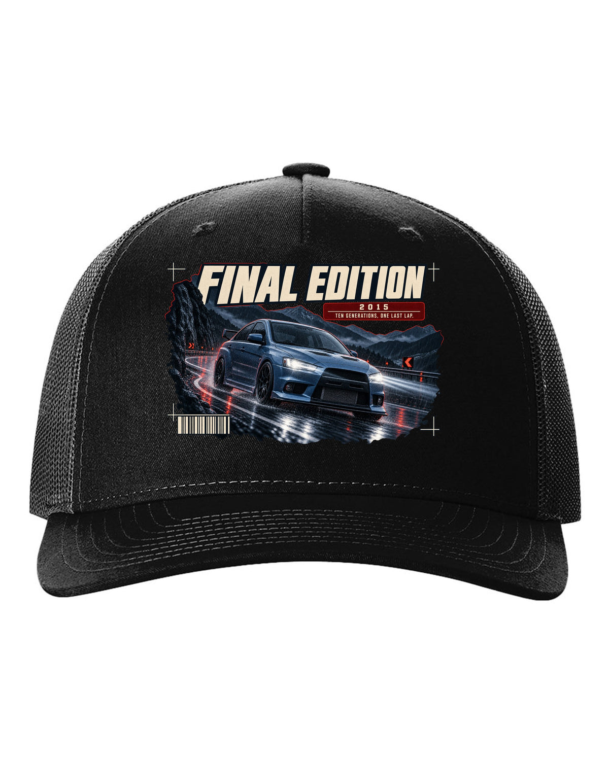 Mitsubishi Lancer Evolution X Final Edition low front three-quarter at night print black hat front view with the design