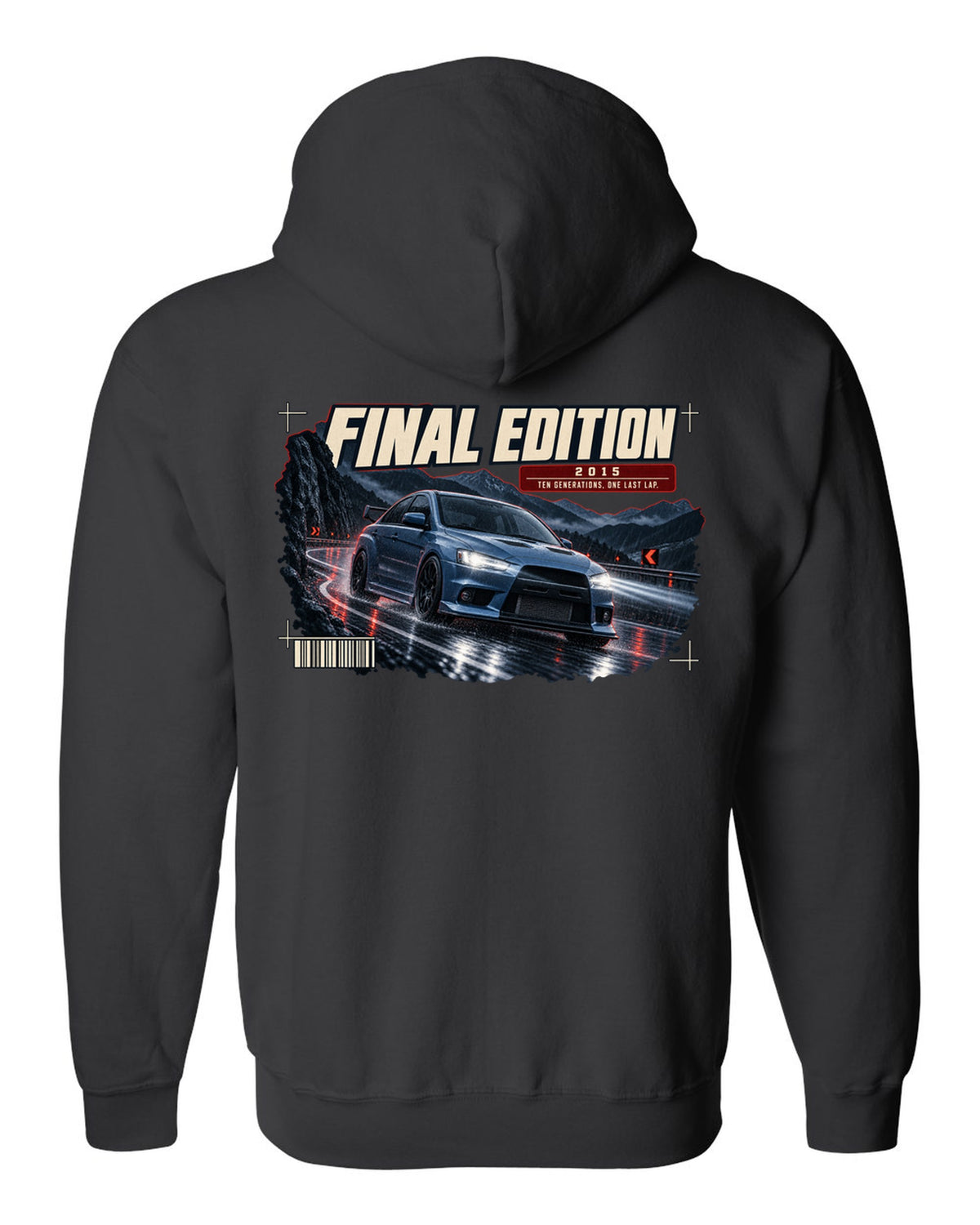 Mitsubishi Lancer Evolution X Final Edition low front three-quarter at night print black zip hoodie back view with the design