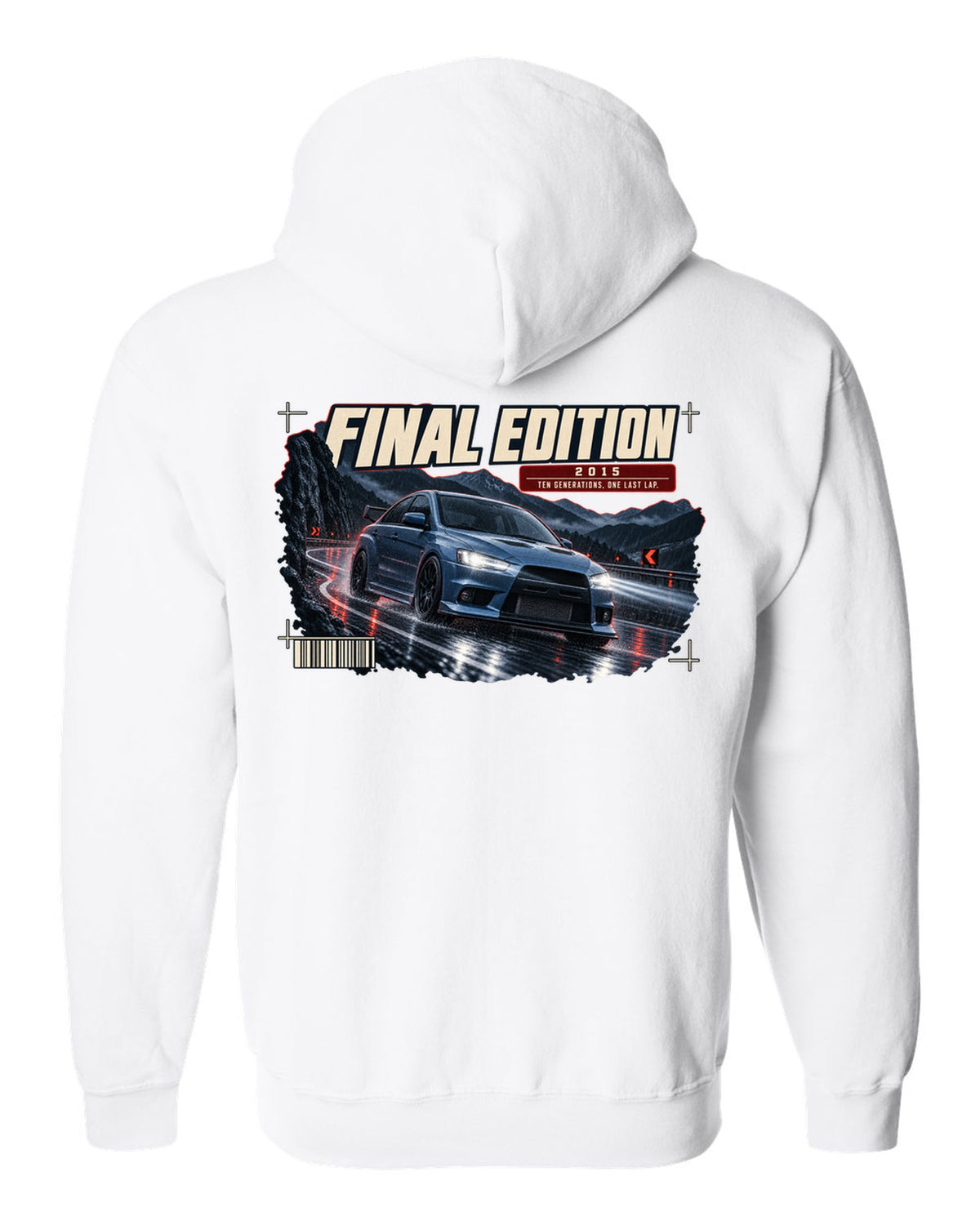 Mitsubishi Lancer Evolution X Final Edition low front three-quarter at night print white zip hoodie back view with the design