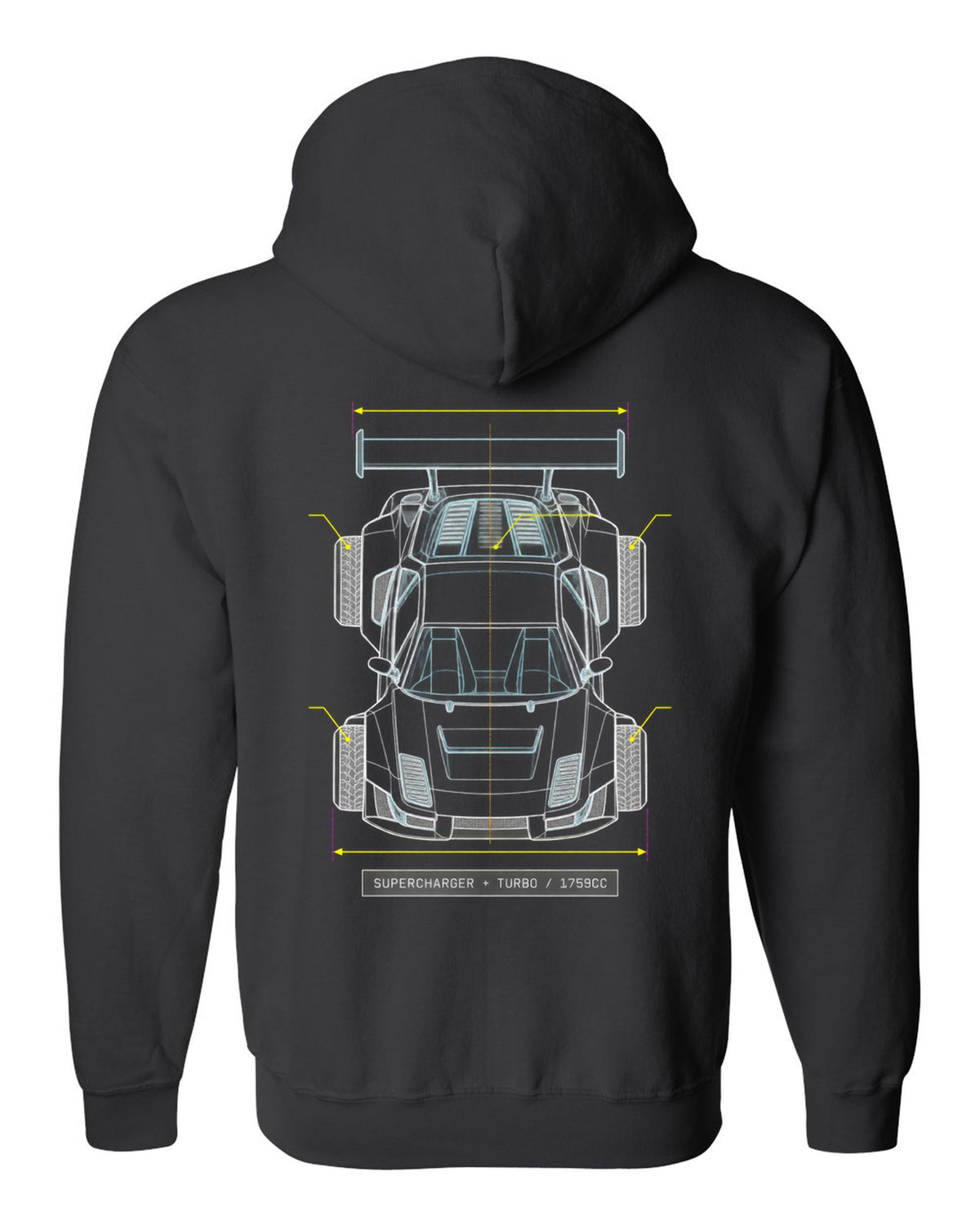 Overhead blueprint line drawing of a Lancia Delta S4 with supercharger and turbo caption black zip hoodie back view with the design