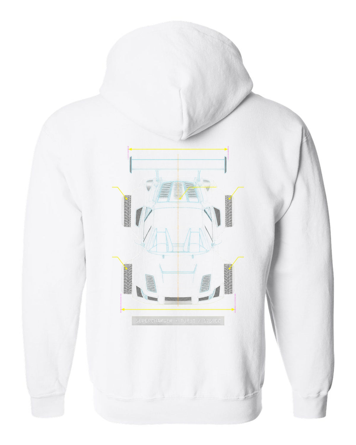 Overhead blueprint line drawing of a Lancia Delta S4 with supercharger and turbo caption white zip hoodie back view with the design