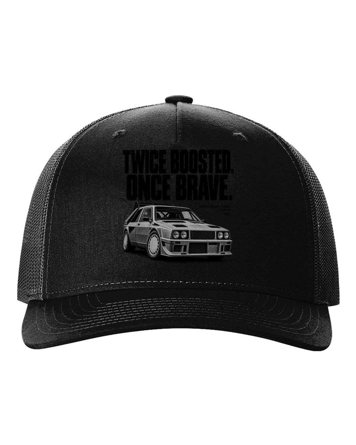 Halftone print of a Lancia Delta S4 with supercharged and turbo lettering black hat front view with the design