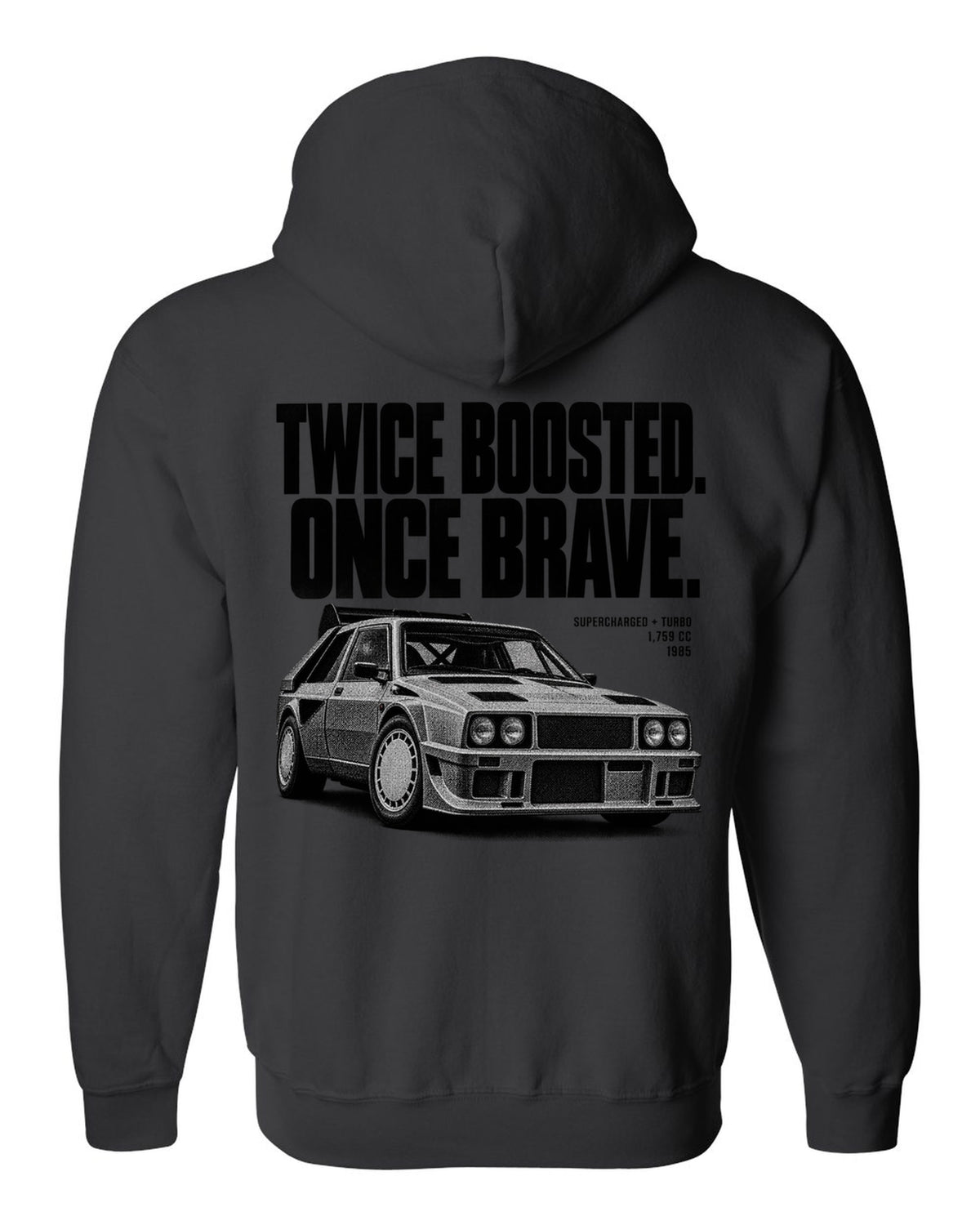 Halftone print of a Lancia Delta S4 with supercharged and turbo lettering black zip hoodie back view with the design