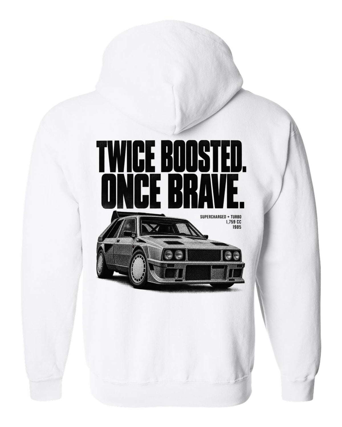 Halftone print of a Lancia Delta S4 with supercharged and turbo lettering white zip hoodie back view with the design
