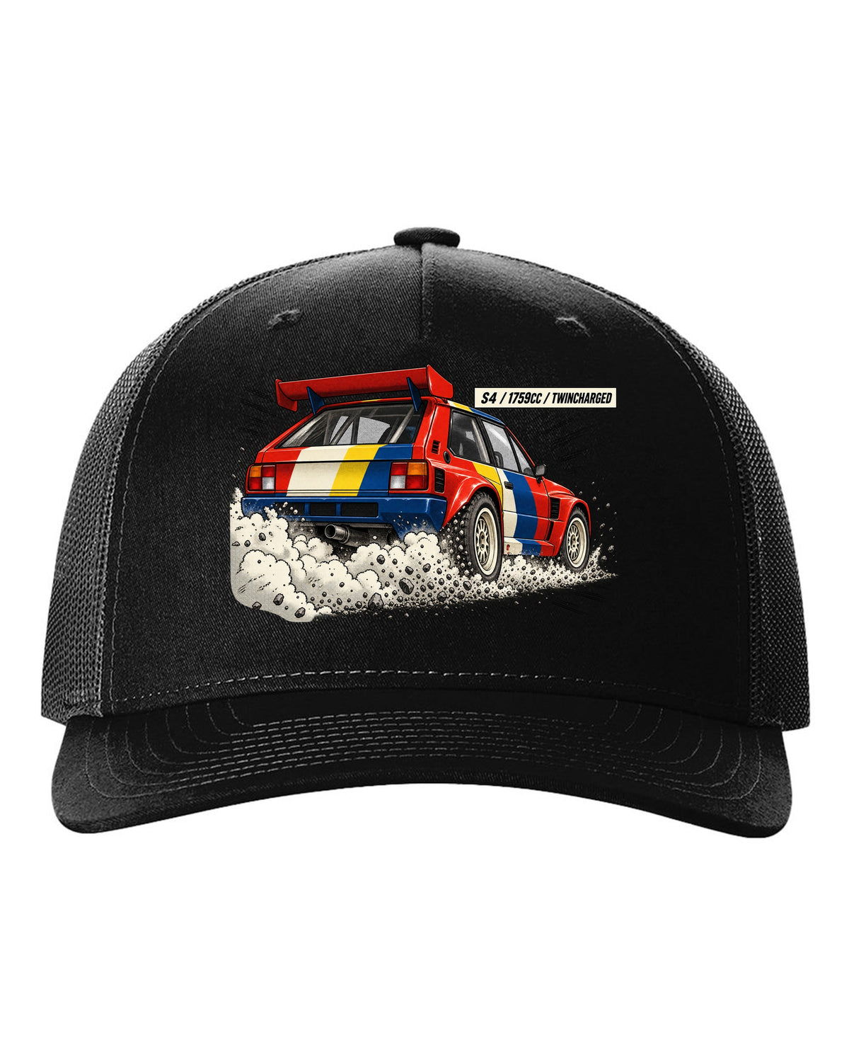 Retro manga halftone panel of the rear of a Lancia Delta S4 with twincharged lettering black hat front view with the design