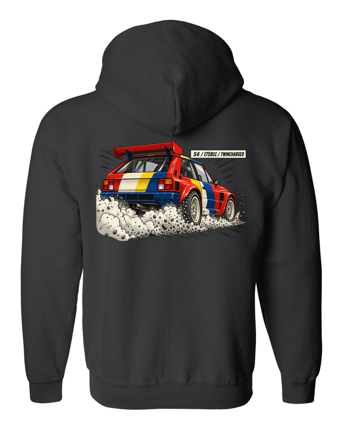 Retro manga halftone panel of the rear of a Lancia Delta S4 with twincharged lettering black zip hoodie back view with the design