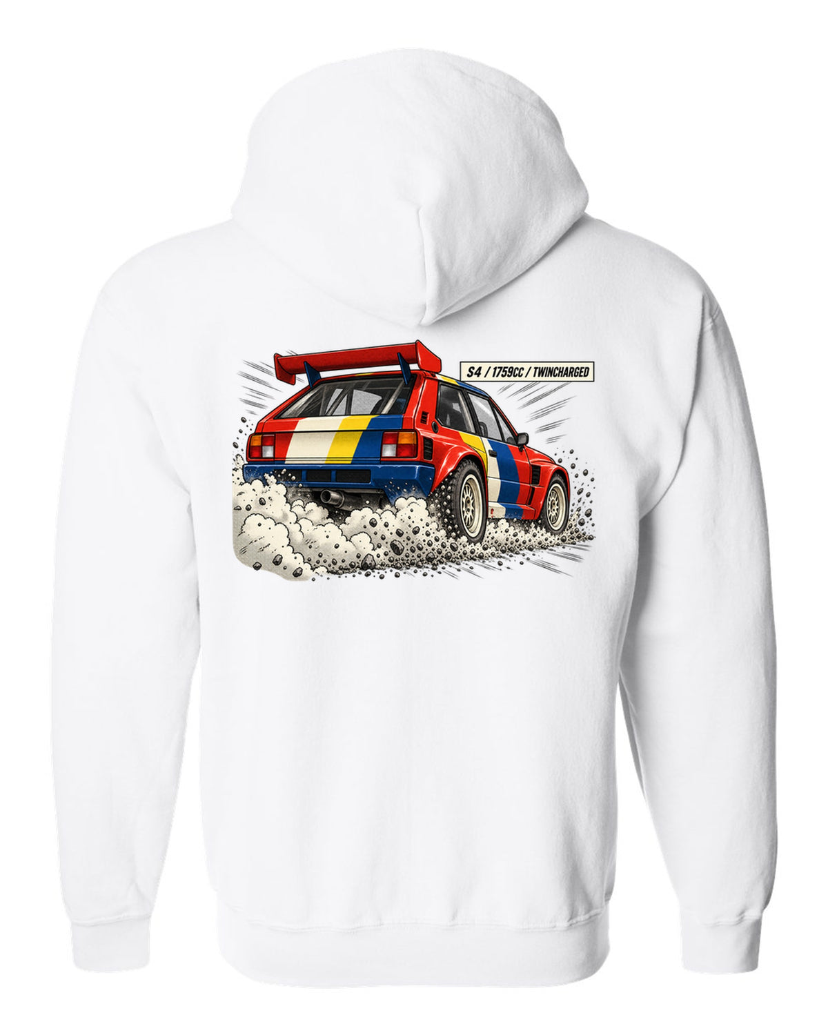 Retro manga halftone panel of the rear of a Lancia Delta S4 with twincharged lettering white zip hoodie back view with the design