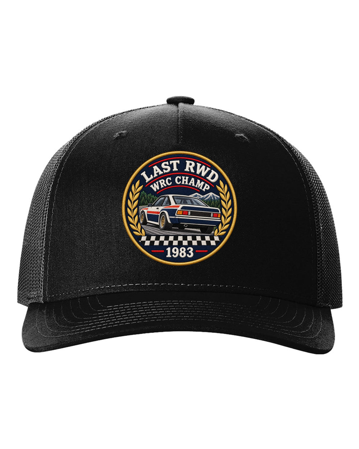 Embroidery patch style print of a 1983 Lancia Rally 037 with Last RWD WRC Champ lettering black hat front view with the design
