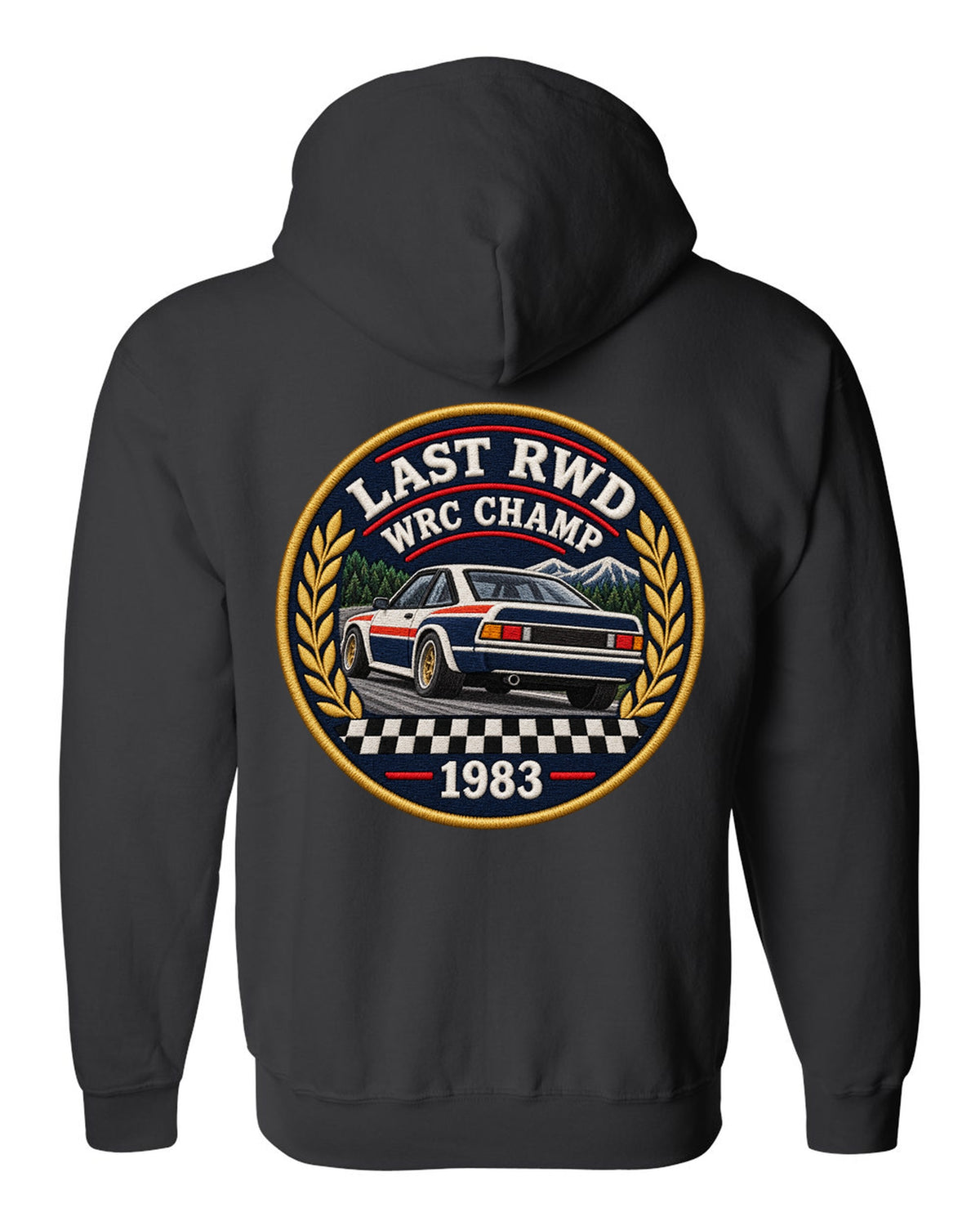 Embroidery patch style print of a 1983 Lancia Rally 037 with Last RWD WRC Champ lettering black zip hoodie back view with the design