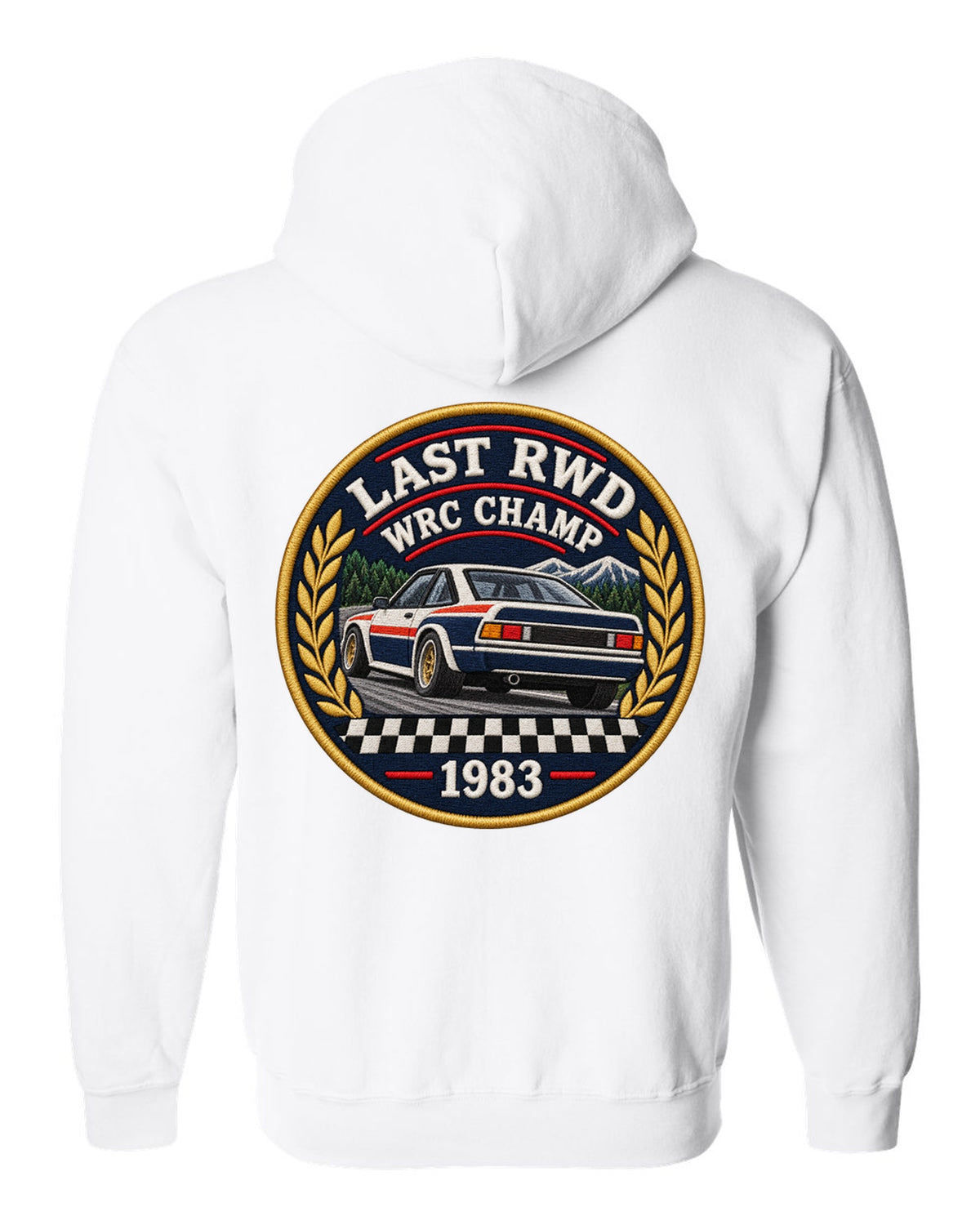 Embroidery patch style print of a 1983 Lancia Rally 037 with Last RWD WRC Champ lettering white zip hoodie back view with the design