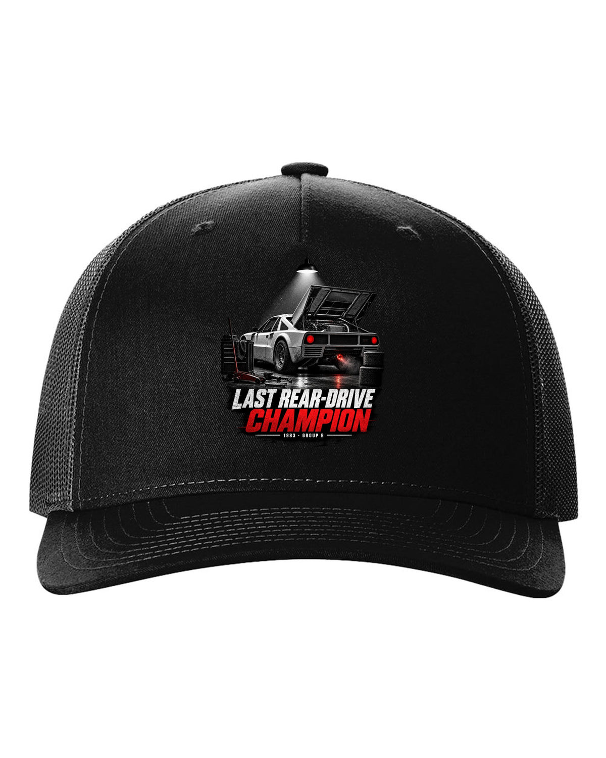 Garage night print of a Lancia Rally 037 with Last Rear-Drive Champion text black hat front view with the design