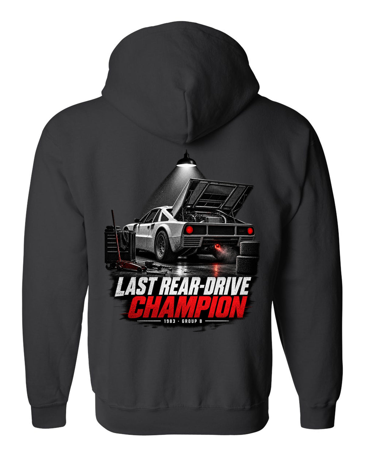 Garage night print of a Lancia Rally 037 with Last Rear-Drive Champion text black zip hoodie back view with the design