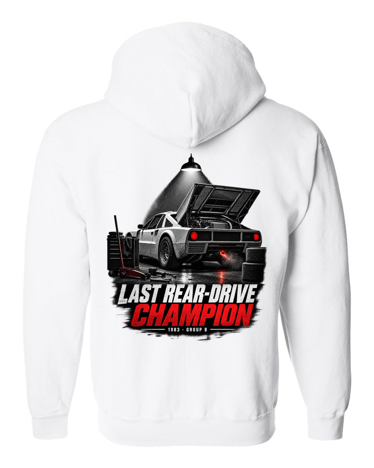 Garage night print of a Lancia Rally 037 with Last Rear-Drive Champion text white zip hoodie back view with the design