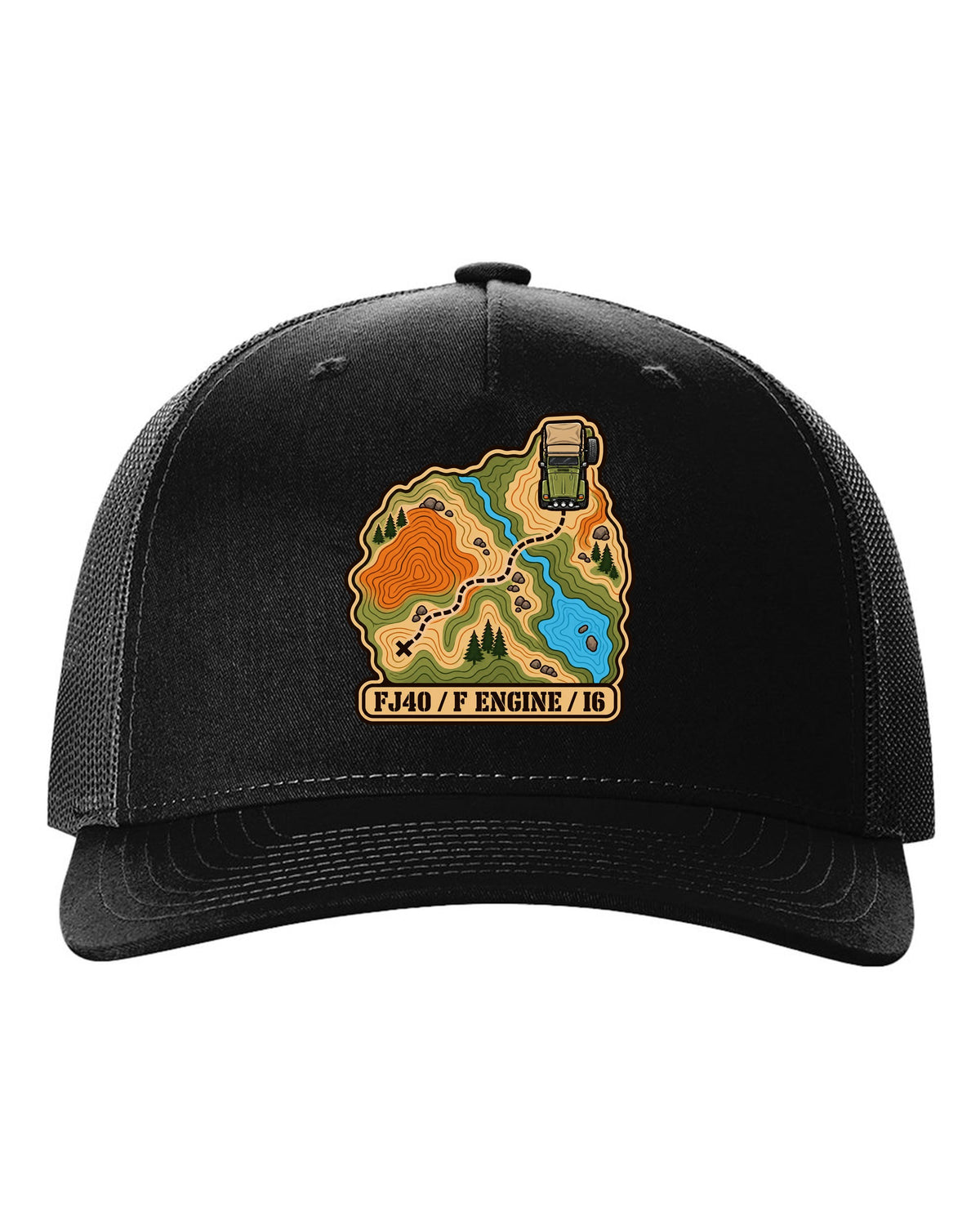 Topographic route map illustration of a Toyota Land Cruiser FJ40 with F engine I6 lettering black hat front view with the design