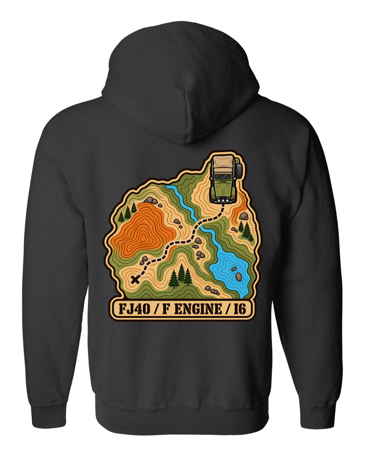Topographic route map illustration of a Toyota Land Cruiser FJ40 with F engine I6 lettering black zip hoodie back view with the design